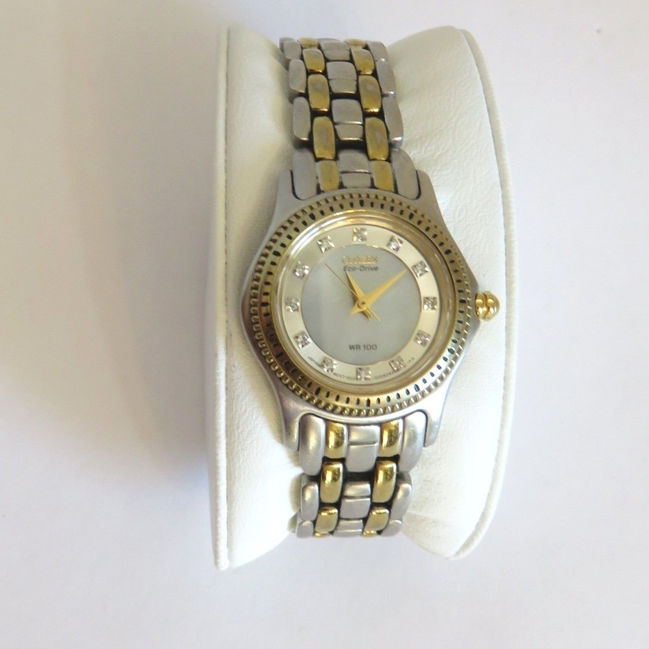 Citizen Eco-Drive Womens Two Tone Watch Mother Of Pearl Sapphire Jeweled Dial